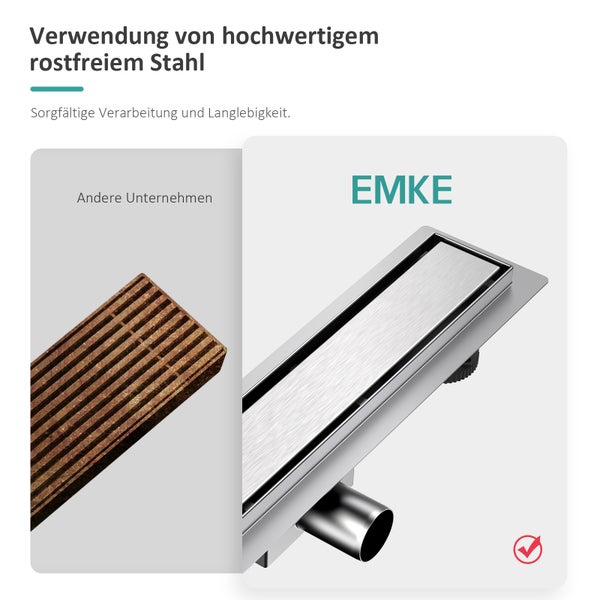 EMKE Logo, Edelstahlduschrinne im Vergleich zu einer Duschrinne anderer Unternehmen.