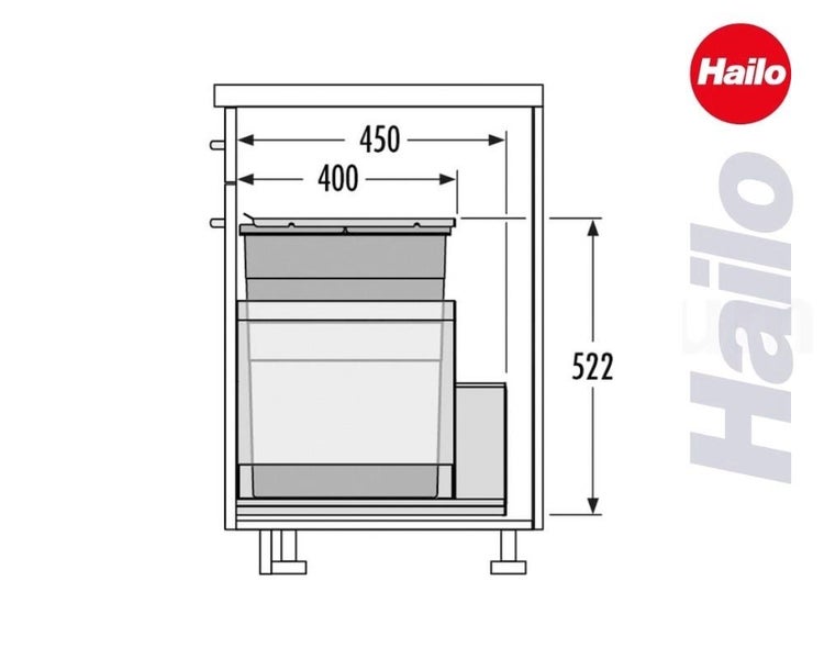 Technische Zeichnung eines Hailo Abfalltrennsystems im Schrank mit Maßangaben 400, 450 und 522 Millimeter und Hailo Logo.