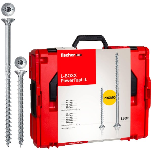 Fischer L-BOXX PowerFast II Schraubenset, 1801-teilig, mit Senkkopfschrauben und Torx-Antrieb im roten Transportkoffer.