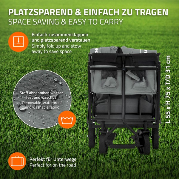 Hauki Bollerwagen L faltbar mit Dach, Grau, Handwagen klappbar, Transportwagen für Kinder, Gerätewagen inkl. 2x Netztaschen und 1x Außentasche, Vorderrad-Bremse, bis 80 kg, Transportkarre Kinderwagen