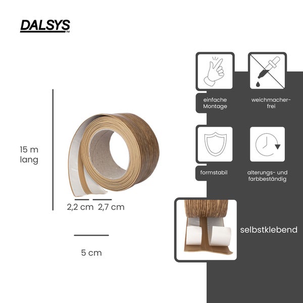 Dalsys Logo, selbstklebende Sockelleiste auf Rolle, 15 Meter lang, 5 Zentimeter breit, weichmacherfrei, formstabil und alterungsbeständig.
