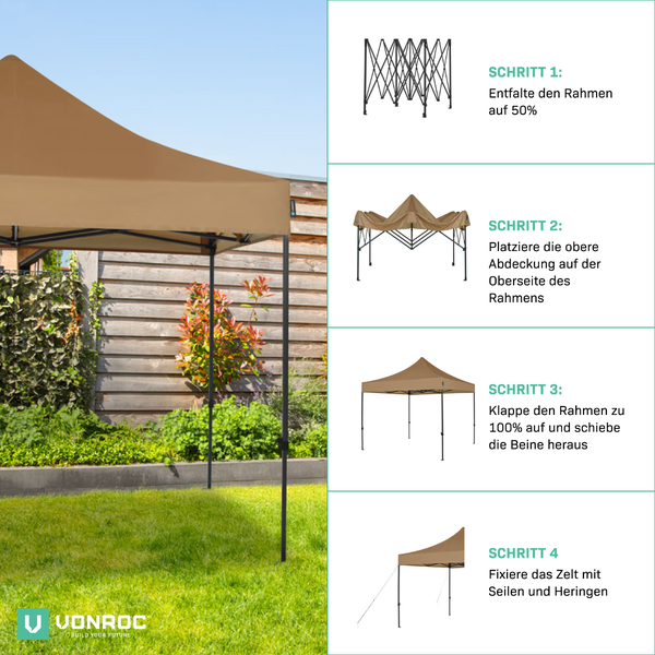 VONROC Pavillon 3x3m wasserdicht stabil - Partyzelt EasyUp System [3Min Aufbau] Popup Faltpavillon modular erweiterbar als Festival Zelt, Gartenpavillon