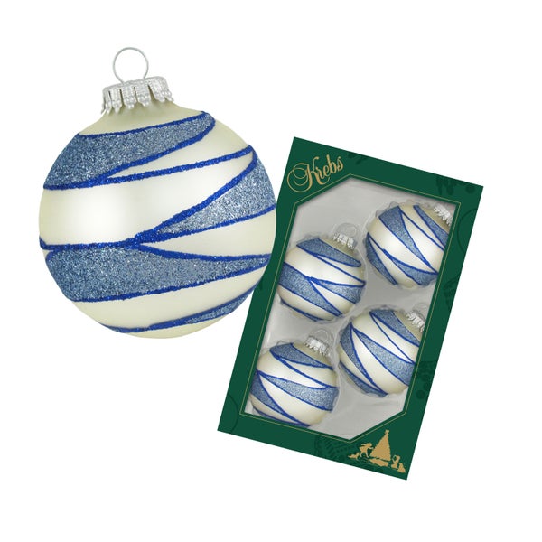 Silberpearl 7cm Glaskugel  mit moderner Streifenglitter-Dekoration, mundgeblasen, handdekoriert (4), 4 Stck., Weihnachtsbaumkugeln, Christbaumschmuck, Weihnachtsbaumanhänger