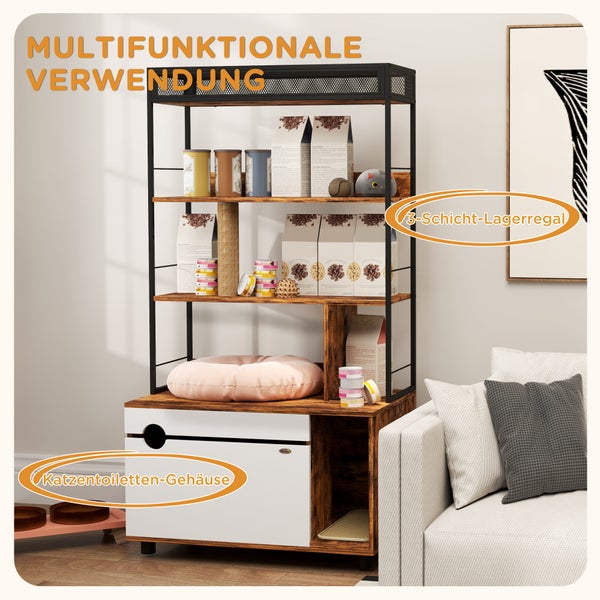 PawHut 2-in-1 Katzenklo Schrank, Katzenklo mit 3-Ebenen-Regal, Kratzpfosten, Klapptür, Katzenhaus für Katze unter 6 kg, 80 x 48 x 152 cm, Rustikal-Braun
