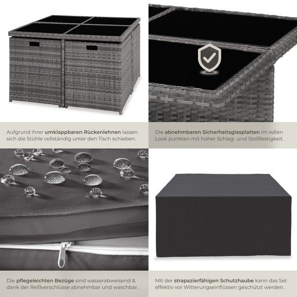 Rattan Sitzgruppe tectake Manhattan 2 Bezugssets, zusammenschiebbar, inklusive Schutzhülle mit Aluminiumgestell grau