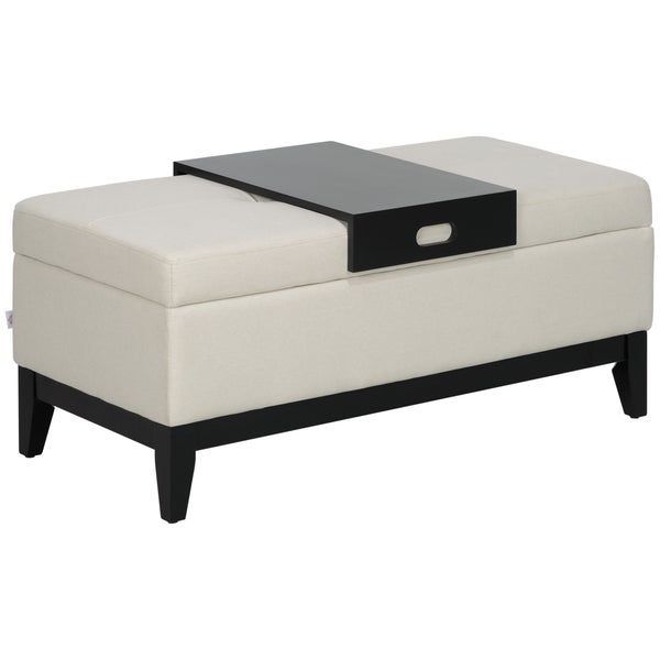HOMCOM Sitzbank mit Stauraum, abnehmbarem Tablett Polsterbank mit Leinenoptik, Sitztruhe mit Holzbeine, Truhenbank für Wohnzimmer Schlafzimmer Flur 107 x 50 x 44 cm, Cremeweiß
