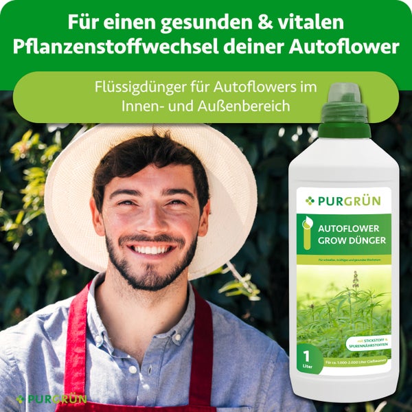 Purgrün Autoflower Grow Dünger, 1 Liter Flasche Flüssigdünger für gesundes Wachstum, Gärtner mit Strohhut im Hintergrund.