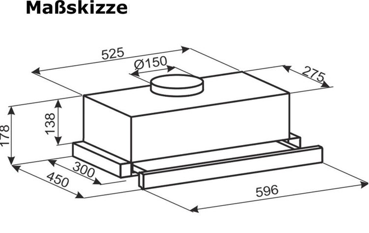 Maßskizze einer Dunstabzugshaube mit Bemaßung der Gehäusebreite, Tiefe und Höhe in Millimetern.