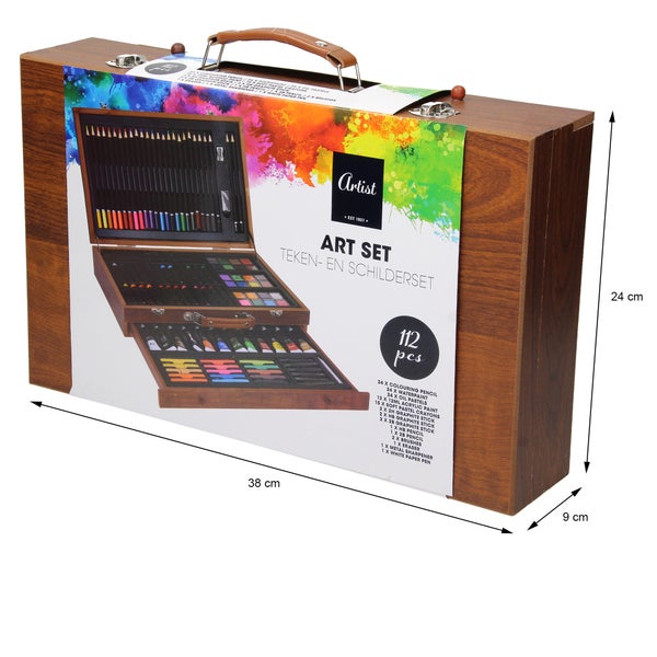 ECD Germany Malset 112 teilig mit Staffelei klappbar, Malkoffer Künstler Set Acryl & Zeichenset, Buntstifte, Leinwand, Pinselset, Wasserfarben, Pastellkreide, Großes Kreativ Set für alle Altersklassen