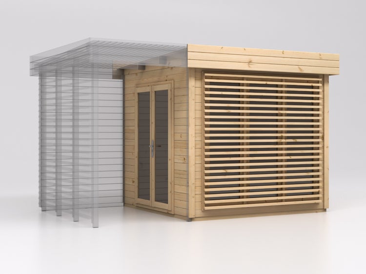 Gartenhaus aus Holz mit Flachdach, Doppeltür mit Glas, Lamellenwand und einer transparent dargestellten seitlichen Erweiterung.
