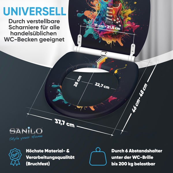 Sanilo Toilettensitz mit E-Gitarren-Motiv, circa 37,7 mal 46 bis 48 Zentimeter, verstellbare Scharniere, belastbar bis 200 Kilogramm. Sanilo Logo.