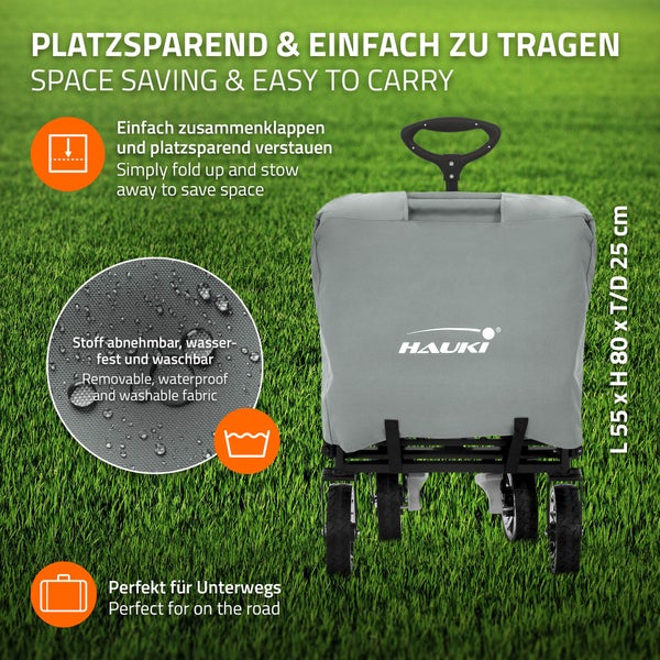 Hauki Bollerwagen XXL faltbar mit Dach & Tasche, Grau, Handwagen klappbar zum Schieben/Ziehen, Kinder Transportwagen Kinderwagen, 360° drehbare Vorderräder, PU Räder mit Bremsen, Transportkarre 120 kg