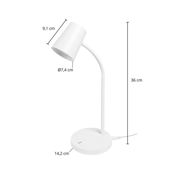 Weiße LED-Schreibtischlampe, Maße: Höhe 36 Zentimeter, Schirmdurchmesser 7,4 Zentimeter, Länge 9,1 Zentimeter, Fuß 14,2 Zentimeter.
