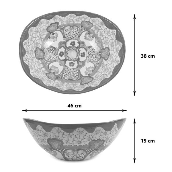 Dekorative Schale mit floralem Muster und Größenangaben: 38 cm, 46 cm und 15 cm.