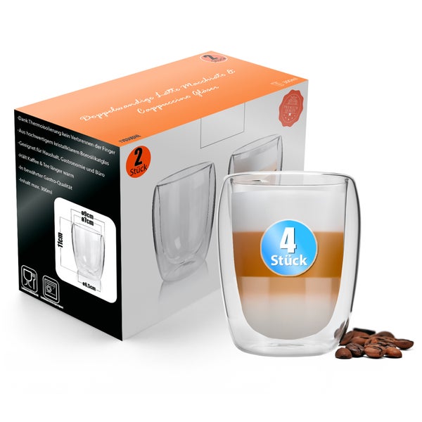 Doppelwandige Latte Macchiato und Cappuccino Gläser aus Borosilikatglas, vier Stück, dreihundert Milliliter Fassungsvermögen.