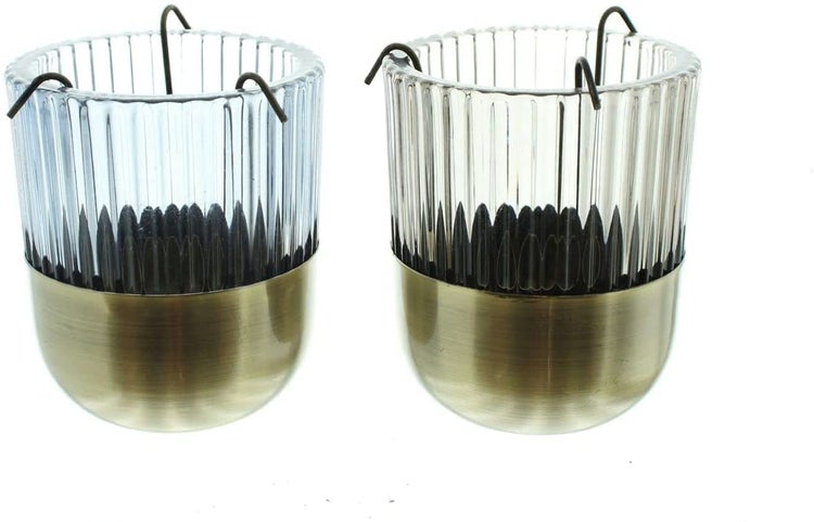 Dekoleidenschaft 2x Windlicht Retro aus Glas blau / braun & Metall gold, Teelichthalter, Teelichtgläser, Windlichtglas