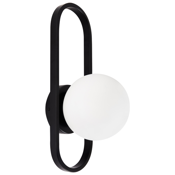 Moderne Wandleuchte mit schwarzem Metallrahmen und kugelförmigem Lampenschirm