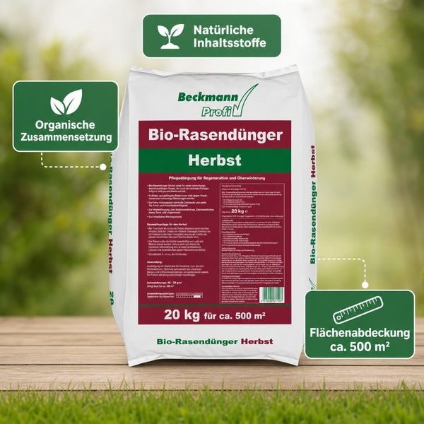 Sack Beckmann Profi Bio-Rasendünger Herbst für 500 Quadratmeter mit Informationen zu Inhaltsstoffen, organischer Zusammensetzung und Anwendung.