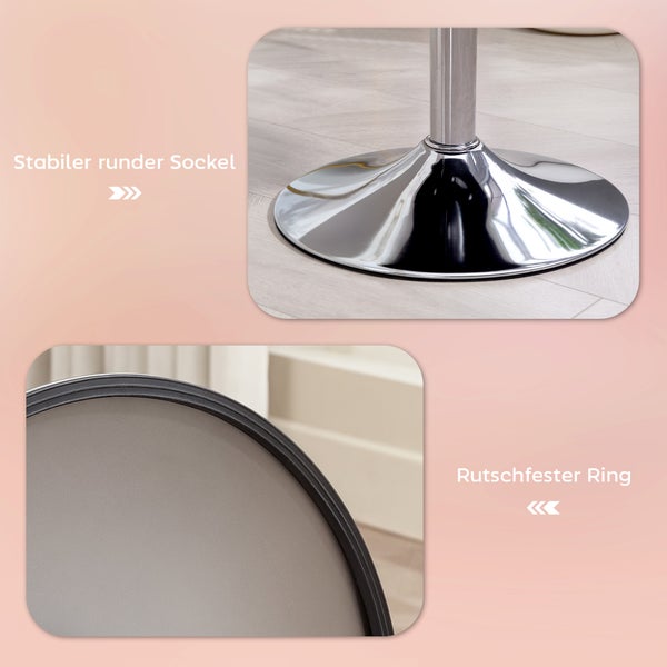 Detailaufnahme von einem Barhocker mit stabilem, runden Sockel und rutschfestem Ring.