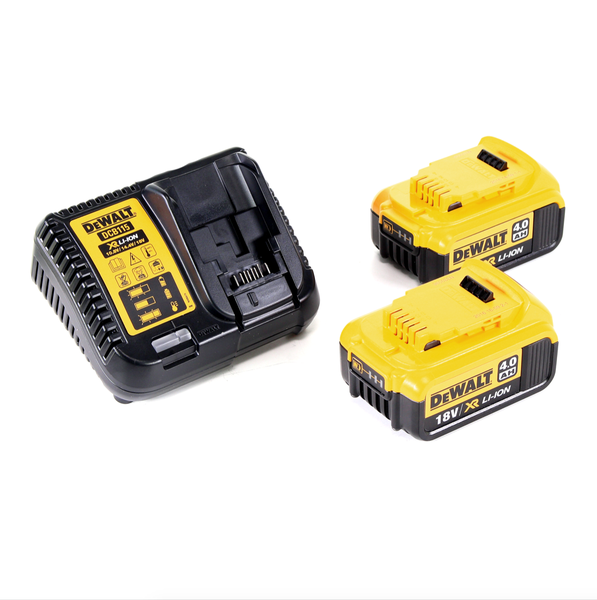 DeWalt Starter-Set mit Ladegerät DCB115 und zwei 18 Volt 4,0 Amperestunden Lithium-Ionen-Akkus.