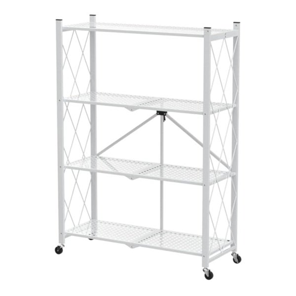 Weißes Metallregal mit vier Ebenen und Rollen