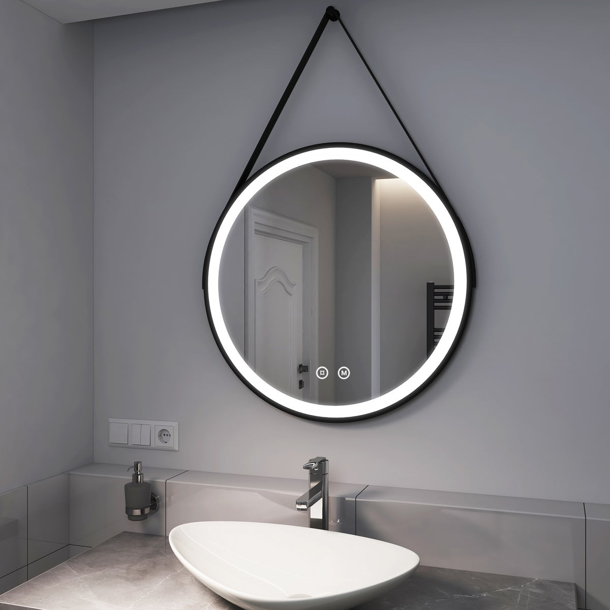 EMKE Badspiegel mit Beleuchtung Schwarz Rahmen und Riemen ф70cm, 3 Lichtfarben,Dimmbar