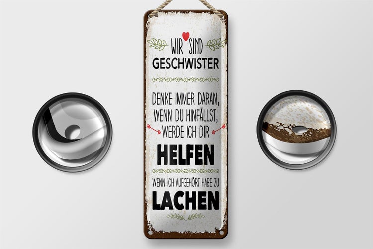Blechschild Spruch Geschwister wir lachen helfen Dekoration 10x27cm