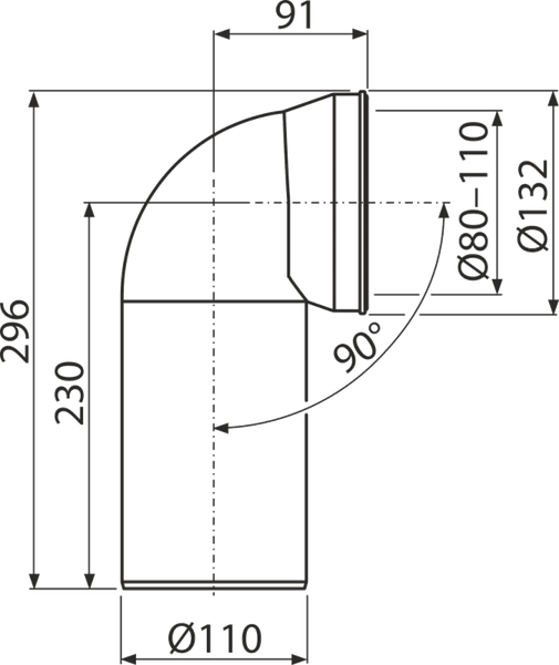 Maßzeichnung eines 90 Grad Rohrbogens mit einem Durchmesser von 110 Millimetern und einem Anschluss von 80 bis 110 Millimetern.