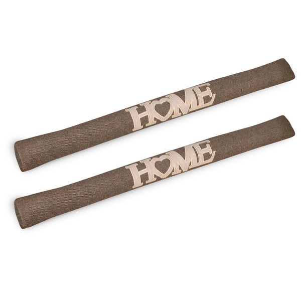 Zwei Zugluftstopper mit der Aufschrift Zuhause.