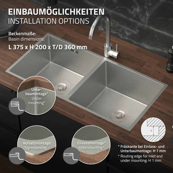 ML-Design Doppelspülbecken Edelstahl 81,5 x 40 cm, Küchenspüle rechteckig, 2 Becken, Einbauspüle Unterbauspüle, Edelstahlspüle mit Ab- und Überlaufgarnitur, Doppelbecken mit Siphon, Waschbecken Küche