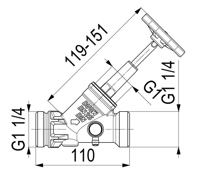 Maßzeichnung Schrägsitzventil Nennweite 25 mit 1 1/4 Zoll Gewinde, Baulänge 110 Millimeter und verstellbarer Höhe von 119 bis 151 Millimeter.