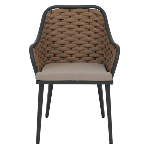 Gartenstuhl mit Armlehnen, gewebter Rückenlehne und Sitzkissen