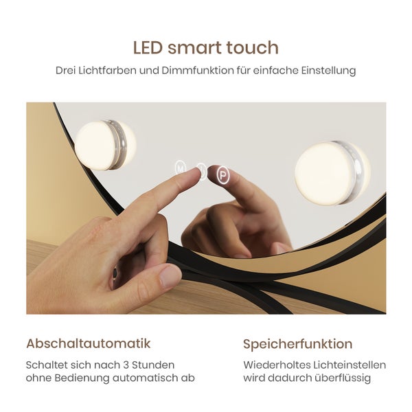 LED Kosmetikspiegel mit Touchsteuerung, drei Lichtfarben, Dimmfunktion, Abschaltautomatik nach drei Stunden und Speicherfunktion.