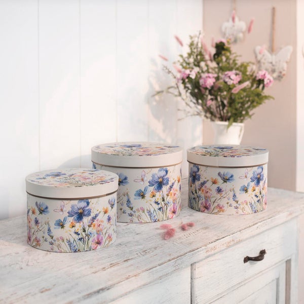 FRANK FLECHTWAREN|Geschenkbox Blumenwiese, 3er Set, 21 x 21 x 14 cm, 23 x 23 x 15,5 cm, 24,5 x 24,5 x 17,5 cm, PAPIER
