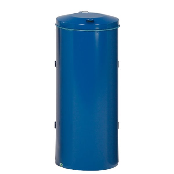 Zylindrischer, blau emaillierter Warmwasserspeicher mit Deckel für die Wandmontage.