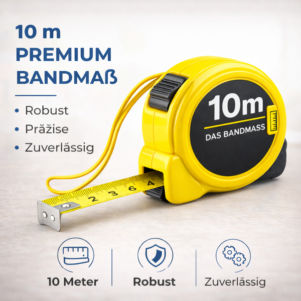 Premium Rollmaßband mit 10 Meter Länge, robust, präzise und zuverlässig, mit gelbem Gehäuse und Handschlaufe.