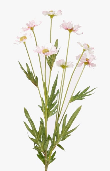 Künstlicher Zweig mit rosa Blüten und grünen Blättern.