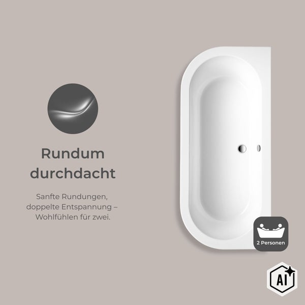 Ovale Badewanne mit abgerundeter Vorderseite in Draufsicht, geeignet für zwei Personen, mit Ablauf und Überlauf.