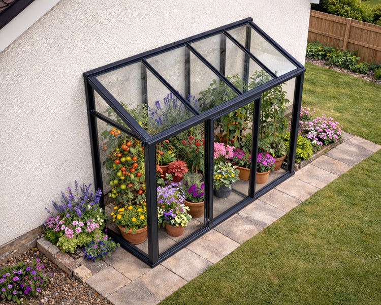 Schwarzes Anlehngewächshaus aus Glas und Metall an einer Hauswand im Garten, befüllt mit Tomatenpflanzen und verschiedenen Blumen in Töpfen.