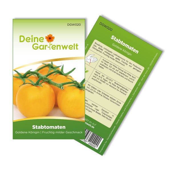 Deine Gartenwelt Samentüte für Stabtomaten Goldene Königin mit Abbildung gelber Tomaten und Anbauanleitung auf der Rückseite.