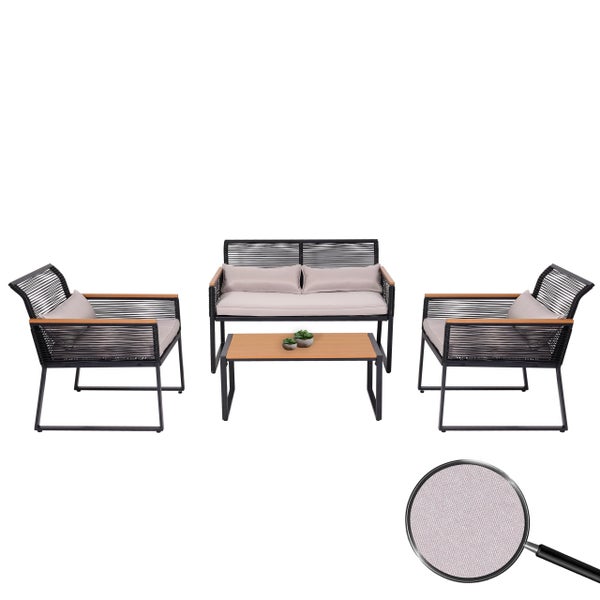 Gartenmöbel-Set mit Zweisitzer-Sofa, zwei Sesseln, Couchtisch, Metallgestell, Holzdetails und Kissen. Detailansicht des Polsterstoffs.