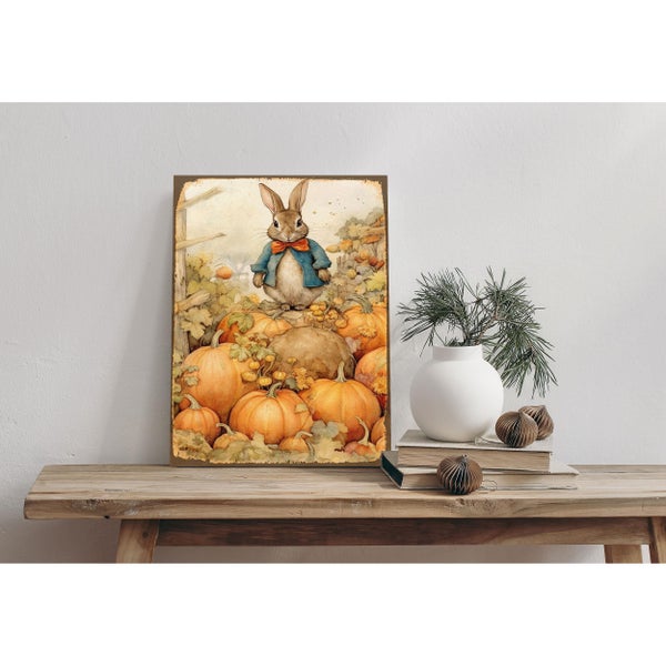 Blechschild, Alu-Dibond, Retro Wandbild Weihnachten Herbst Hase auf Kürbis STA2484 in 20x30cm inkl. Lochbohrung