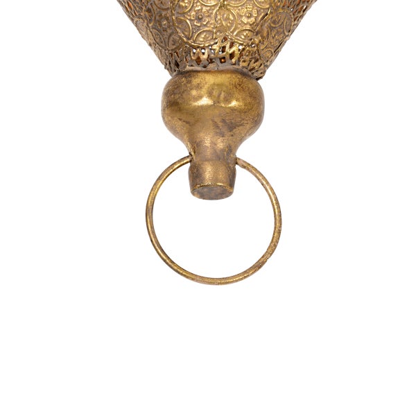 Verzierte goldfarbene Laterne mit Metallringaufhängung