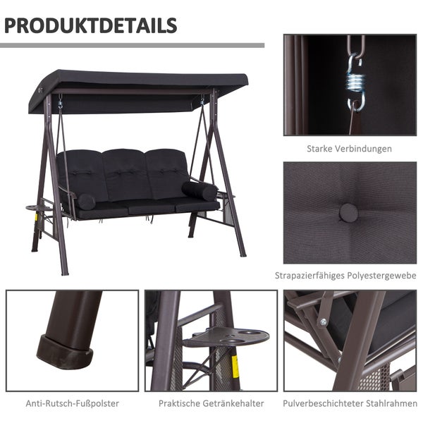 Detailansicht einer Gartenschaukel mit bequemen Polsterauflagen und Kissen