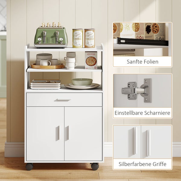 Weißer mobiler Küchenwagen mit Regalen, Schublade, Schrank, silberfarbenen Griffen, einstellbaren Scharnieren und sanften Schubladenauszügen.