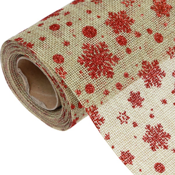 Rolle Dekoband aus Jute mit roten Glitzer-Schneeflocken und Punkten für die Weihnachtsdekoration.