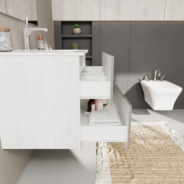 Zweifarbiges Möbel-Set für das Bad, Frontfarbe in matt Grau, Korpusfarbe Holzoptik weiß | Magnolia