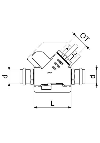 Technische Zeichnung eines Schrägsitzventils mit Pressanschlüssen, Maße L, d und OT, Nennweite DN 40 und Fließrichtungspfeil.