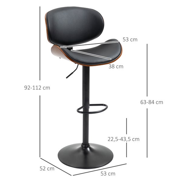 HOMCOM 2er-Set Barhocker, Höhenverstellbarer Küchenhocker, Tresenstuhl aus Kunstleder, Drehstuhl mit Fußstützen, Barstuhl für Küche, Esszimmer, Schwarz, Stahl, 53 x 52 x 92-112 cm