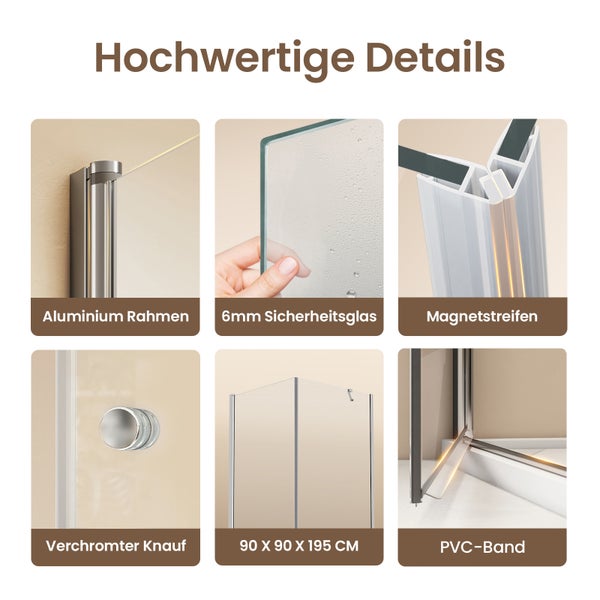 Duschkabine mit Aluminiumrahmen, 6 Millimeter Sicherheitsglas, Magnetstreifen, verchromtem Knauf, PVC-Band, Maße 90 mal 90 mal 195 Zentimeter.